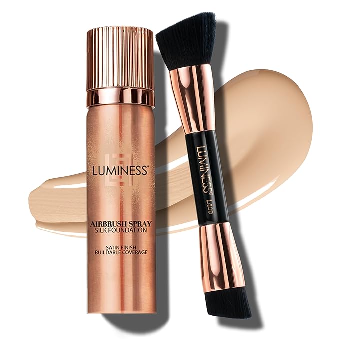 LUMINESS Silk Airbrush Spray Foundation 2-PC Kit - Foundation & Dual-Sided Angled Makeup Brush - Buildable Coverage, Anti-Aging Formula, Humidity Resistant, Hydrates & Moisturizes, Light Fair-BrightBean Baby