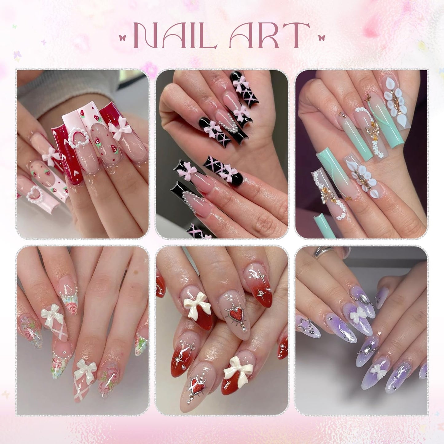 3D Nail Charms and Gems Set 8 with Rhinestone Glue, 20PCS Chunky Butterfly Charms + 75PCS Coquette Nail Bows and Hearts + 3D Flowers with Crystals, Pearls, Diamonds and Picker Tools for Y2K Nail Decor-BrightBean Baby