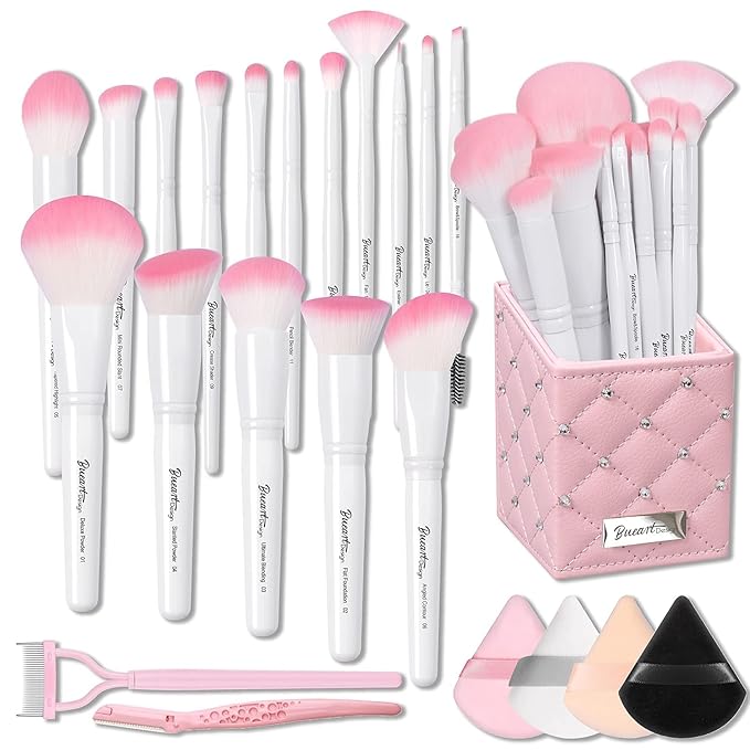 Bueart Design 16Pcs ULTRA SOFT labeled Makeup Brushes set with brush Holder face brush for Foundation Powder Blending Blush wooden Handle(16Pcs White+Pink Holder)-BrightBean Baby