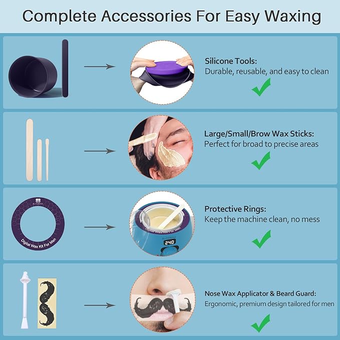 BLITZWAX Back and Nose Waxing Kit for Men, Hard Wax Warmer for Brazilian, Body and Face, At Home Hair Removal Kit, Beginner Friendly, Quick Heating, 93 Accessories, Royal Blue-BrightBean Baby