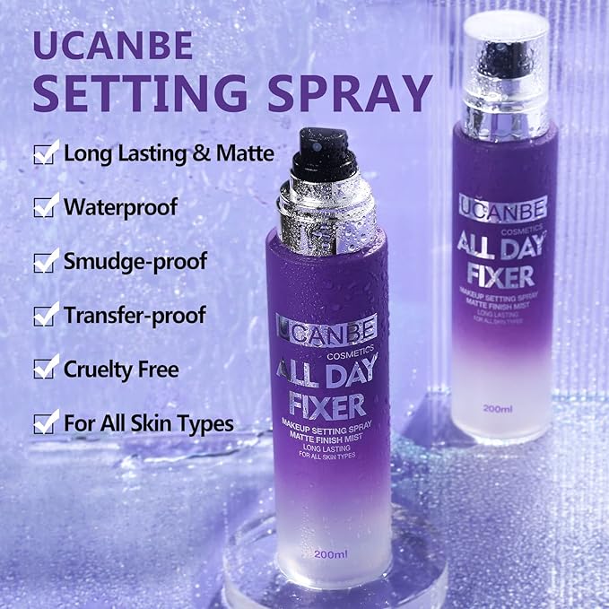 Long Lasting Makeup Setting Spray Kit- 6.76 Fl oz Hydrating Matte Finish Mist Lightweight Face Make up Fixer +Travel Size Spray Bottle+Sponge Puff Makeup Set-BrightBean Baby