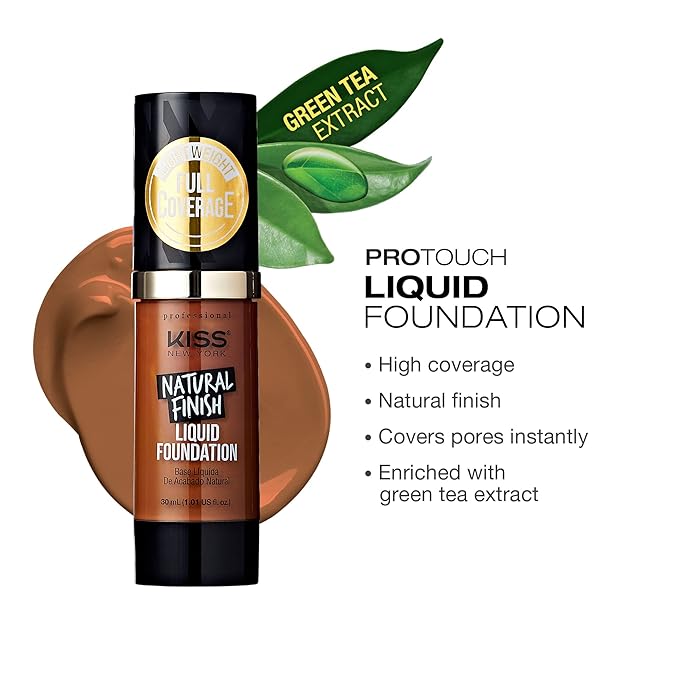 Kiss New York Professional Liquid Foundation - Lightweight and Hydrating Formula, Natural Finish, Control Shine, Cover Pores, Medium to Full Coverage, Green Tea Extract (Caramel)-BrightBean Baby