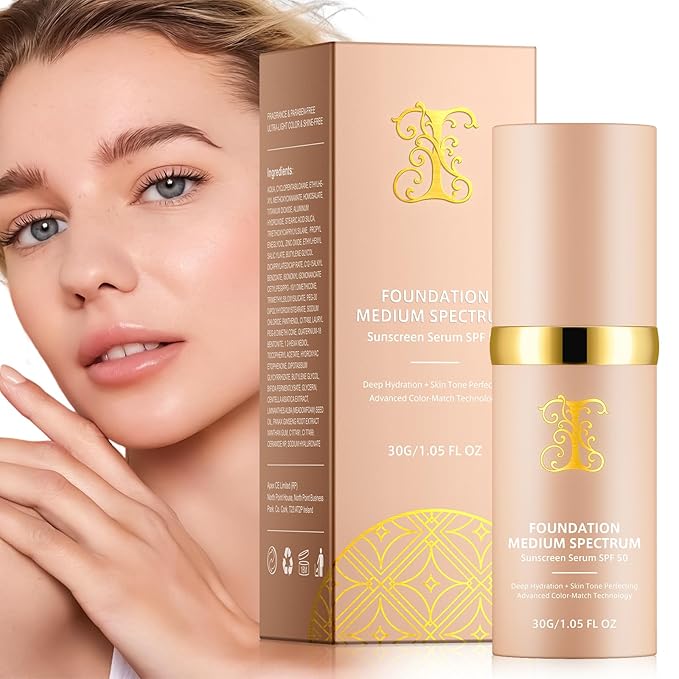 Colour Changing Foundation Liquid 4 in 1, Foundation for Older Women, Hydrating Longwearing & Waterproof Concealer, SPF 50+ Makeup Base Nude Face, Medium Spectrum for all Skin-BrightBean Baby