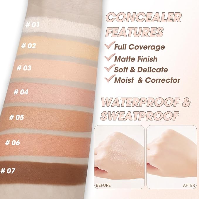 Cream Concealer Full Coverage Makeup, Matte Color Correcting Concealer with Brush, Waterproof, Conceals Blemish, Pores and Spots, Under Eye Makeup Concealer for Dark Circles (#04 LIGHT)-BrightBean Baby
