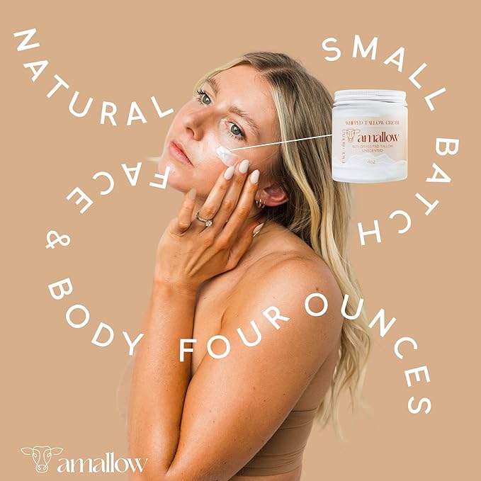 Amallow 100% Grass Fed Beef Tallow for Skin Care - Face + Body - Whipped Moisturizer for Sensitive Skin - Natural Lotion, 4 FL. oz. (Unscented)-BrightBean Baby