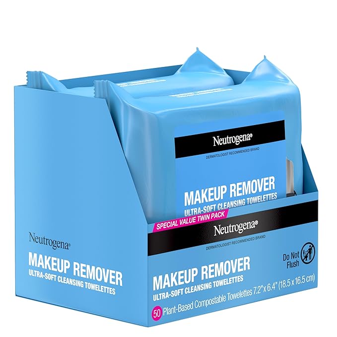 Neutrogena Makeup Remover Wipes, Ultra-Soft Cleansing Facial Towelettes for Waterproof Makeup, Alcohol-Free, Plant-Based, Twin Pack, 25 Count (Pack of 2)-BrightBean Baby