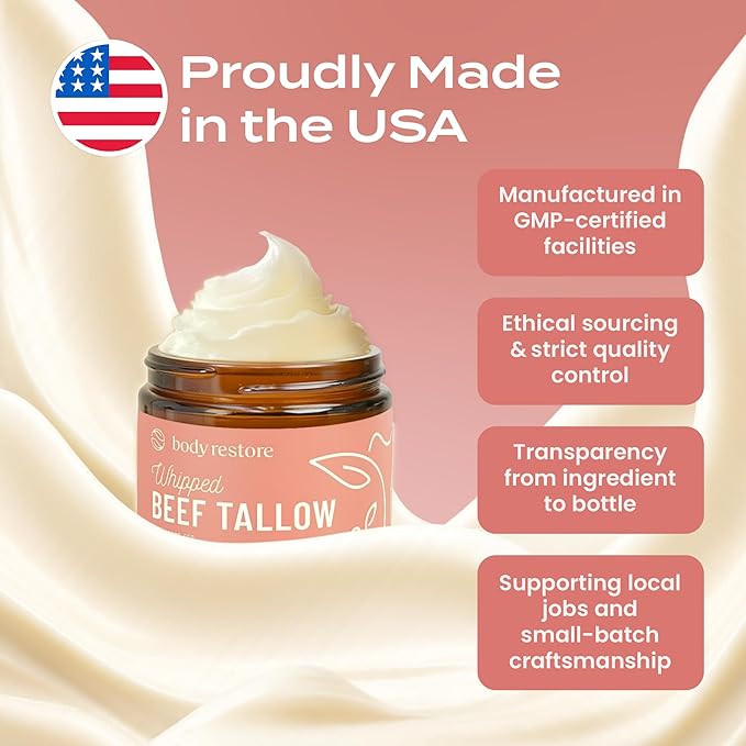 Body Restore Grass Fed Whipped Beef Tallow for Skin, Face, Body, Dry Skin - with Manuka Honey, Jojoba Oil, Birthday Gifts for Women, Men, Travel Essentials, Self Care - Citrus-BrightBean Baby