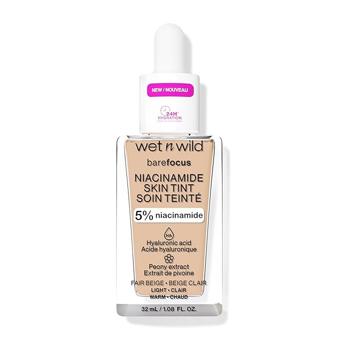 wet n wild Bare Focus Skin Tint, 5% Niacinamide Enriched, Buildable Sheer Lightweight Coverage, Natural Radiant Finish, Hyaluronic & Vitamin Hydration Boost, Cruelty-Free & Vegan - Fair Beige-BrightBean Baby