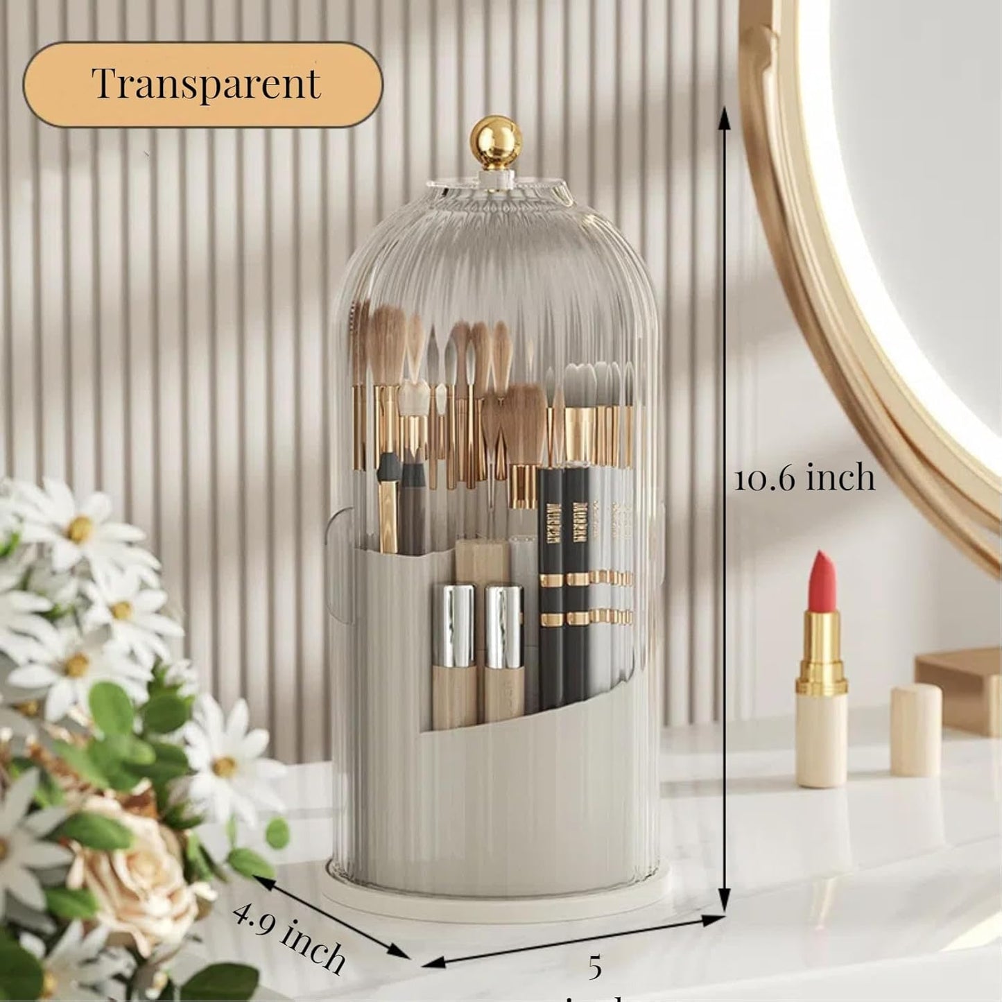 B-H1 Makeup Brush Holder with Dustproof Cover 360 Rotating Makeup Brushes Organizer for Vanity Desktop Bathroom (Transparent)-BrightBean Baby