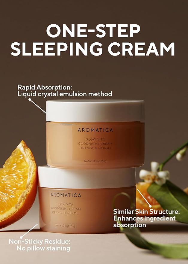 AROMATICA Glow Vita Goodnight Cream Orange & Neroli 3.1fl oz/90g - Night Cream Moisturizer For Face & Neck | Anti Aging Wrinkle Cream with Vitamin C, 5% Niacinamide-BrightBean Baby