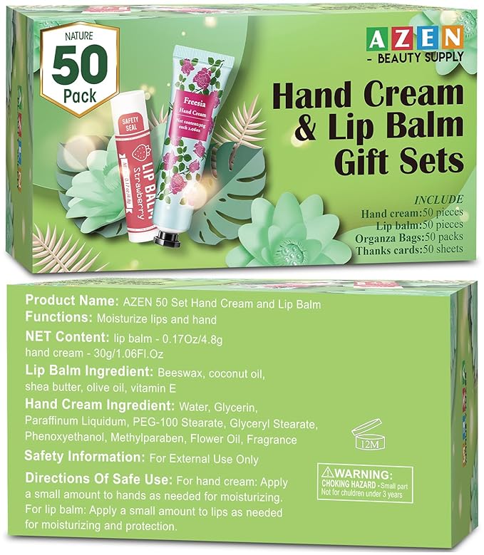 AZEN 50 Sets Hand Cream Bulk and Lip Balm Bulk Set, Bridal Shower Gifts for Guests, Thank You Gifts for Coworkers Women Men with Organza Bag Thank You Card, Bridal Wedding Favors for Guests-BrightBean Baby