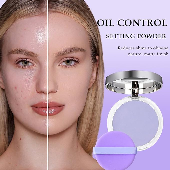 Chillab Lavender Matte Powder, Oil Control Face Pressed Chillab Lavender Matte Powder with Mini Powder Puff, Jelly Pressed Setting Powder Face Makeup, Cruelty Free-BrightBean Baby