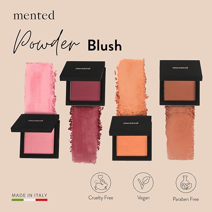 Mented Cosmetics Made in Italy, Cruelty Free Makeup, Vegan, Paraben Free, Shimmer Cheek Blush Palette for Face, Powder Face Blush for Women with Vitamin E, 0.2oz/7g, Berried Away-BrightBean Baby