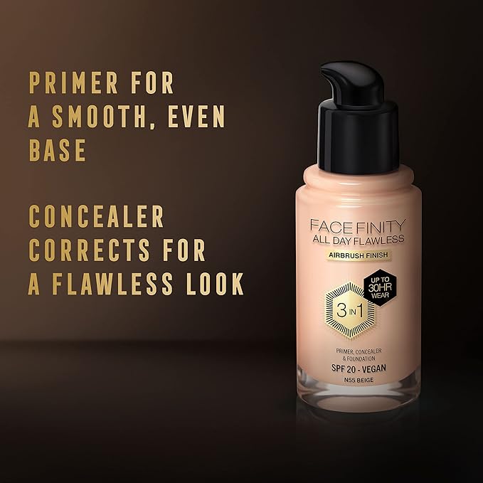 Max Factor Facefinity All Day Flawless 3 In 1 Foundation SPF 20, No. 55 Beige-BrightBean Baby