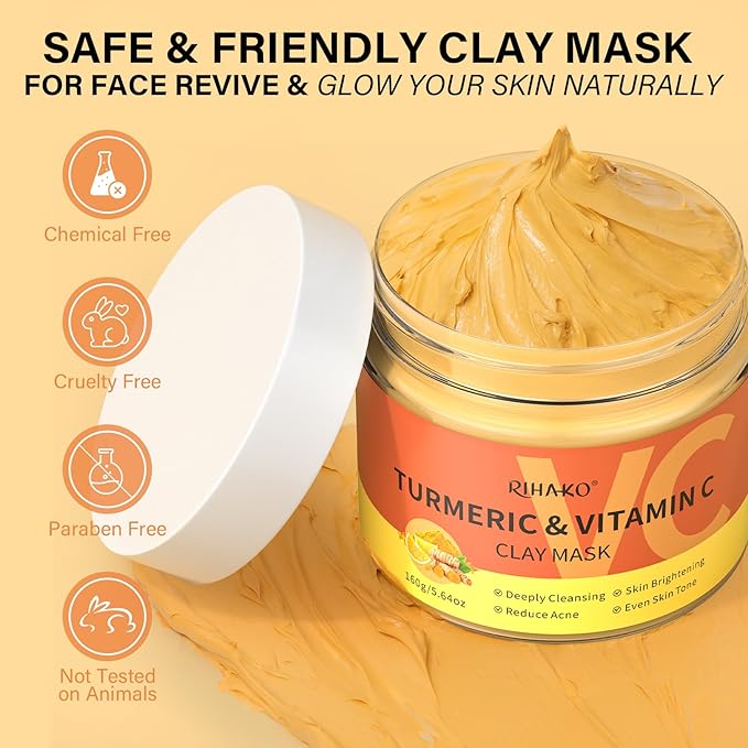 Turmeric Vitamin C Clay Mask -Turmeric Facial Mask - Brightening Clay Face Mask Skincare, Deep Cleansing Face Mask, Acne Face Mask for for Dark Spots, Dull Skin, Refining Pores and Controlling Oil-BrightBean Baby