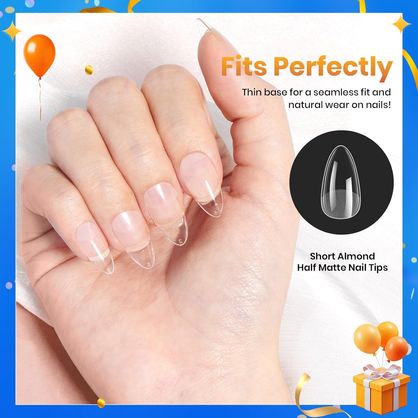 Beetles Short Almond Nail Tips: 12 Sizes 288 PCS Half Matte Full Cover Gel Tips Clear Acrylic Gel Nail Tips Almond Shape for DIY Extension-BrightBean Baby