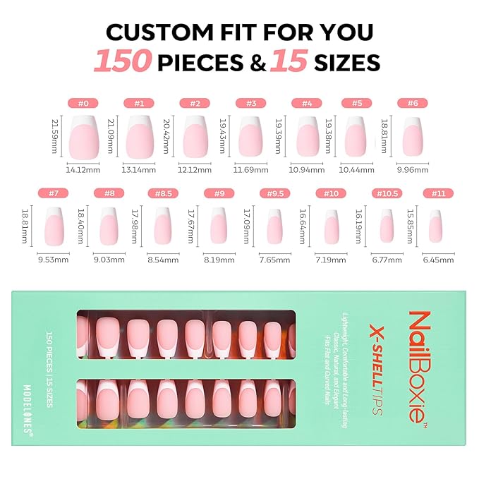 modelones French Tip Press on Nails, 150Pcs Short Coffin Fake Nails with Nail Box, Pink & White Gel Nail Tips for Women, Soft Glue-On Nails for Natural Salon Look, DIY Nail Art Kit (15 Sizes)-BrightBean Baby