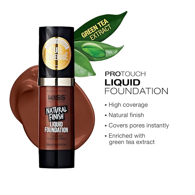 Kiss New York Professional Liquid Foundation - Lightweight and Hydrating Formula, Natural Finish, Control Shine, Cover Pores, Medium to Full Coverage, Green Tea Extract (Sienna)-BrightBean Baby