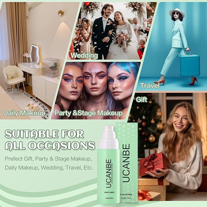 Dewy Makeup Setting Spray Kit-3.38 Fl oz Hydrating Illuminating Finishing Spray Lightweight Face Mist All Day Long Make up Fixer +2PCS Sponge Puff, Hydrate Skin for a Bright Look-BrightBean Baby