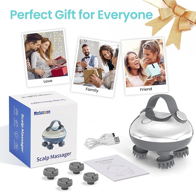 Portable Electric Scalp Massager - Rechargeable IPX7 Waterproof Heated Scalp Massager w/ 100 Kneading Nodes, 3 Speed Modes, 2 Massage Styles, 8 Claws for Scalp/Body Massage & Face Cleaning (Silver)-BrightBean Baby