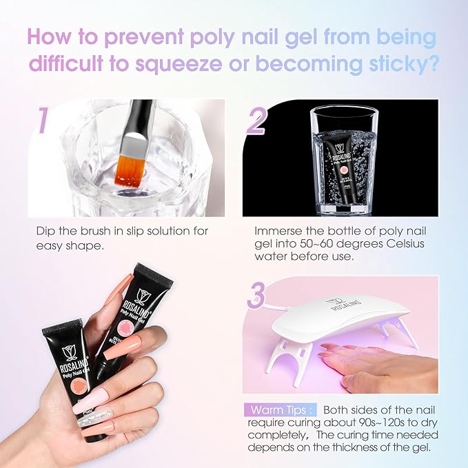ROSALIND 38PCS Poly Nail Gel Kit with Mini Nail Lamp Neon Blue Poly Extension Gels Kit Hot Pink Nude Poly Nails Set-BrightBean Baby