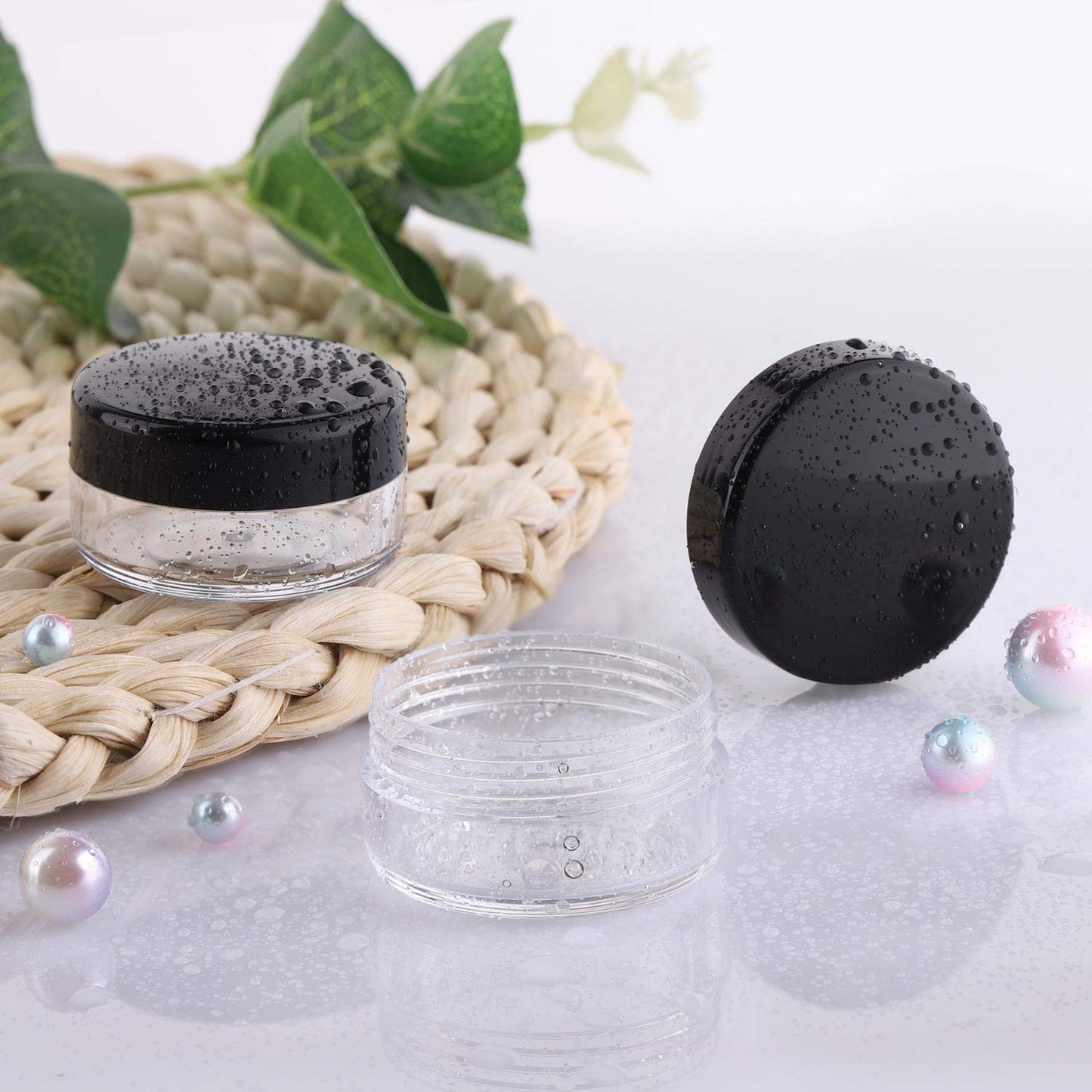 Refillable Cosmetic Sample Jars - 100 Pack 10g (0.35oz) Black Small Travel Containers with Lids + 10 Mini Makeup Spatulas - BPA Free-BrightBean Baby