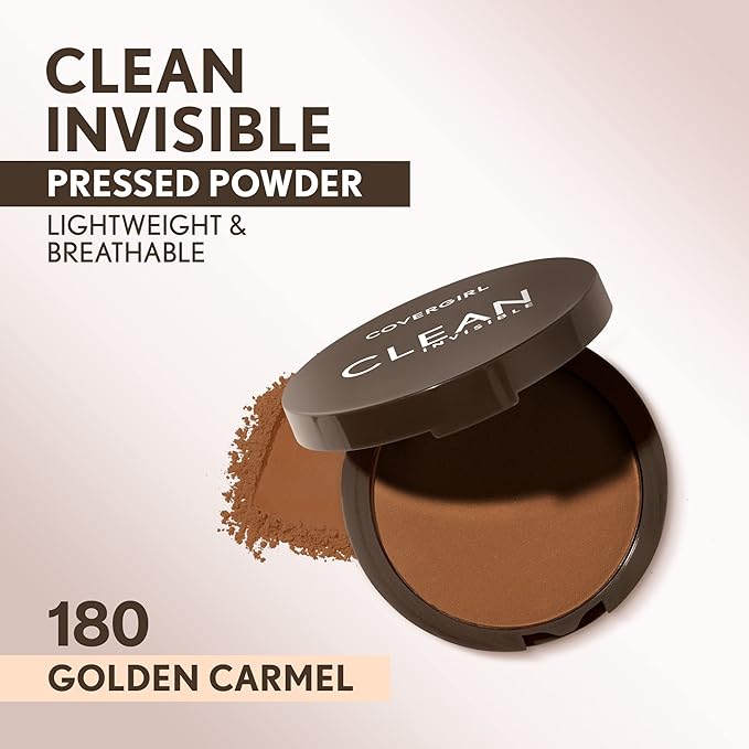 Covergirl Clean Invisible Pressed Powder, Lightweight, Breathable, Vegan Formula, Golden Caramel 180, 0.38oz-BrightBean Baby