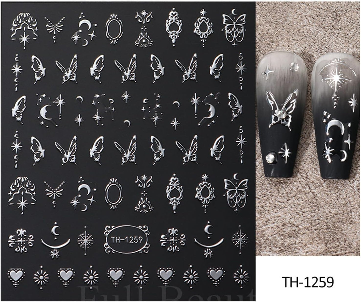 Metallic Silver Nail Art Stickers 3D Self-Adhesive Nails Stickers Bohemian Sun Moon Hexagram Butterfly Heart French Tip Decal Supplies Women DIY Silver Metal Nail Art Decoration 4Sheets-BrightBean Baby