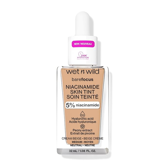 wet n wild Bare Focus Skin Tint, 5% Niacinamide Enriched, Buildable Sheer Lightweight Coverage, Natural Radiant Finish, Hyaluronic & Vitamin Hydration Boost, Cruelty-Free & Vegan - Cream Beige-BrightBean Baby