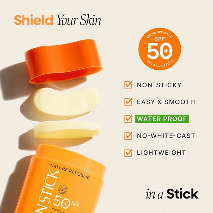 Nature Republic California Aloe Fresh Powdery Sun Stick Broad Spectrum SPF50+ | Korean Sunscreen Travel Size Suncare Sunblock, No Whitecast, non-sticky, Water resistant-BrightBean Baby