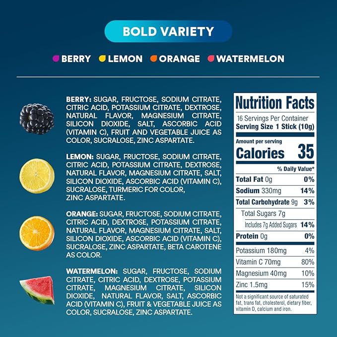 DripDrop Hydration Packets - Bold Variety Pack - Single Serve Electrolytes Powder Drink Mix - Watermelon, Berry, Lemon, Orange - Non-GMO, Gluten Free, Vegan - 16 Sticks
