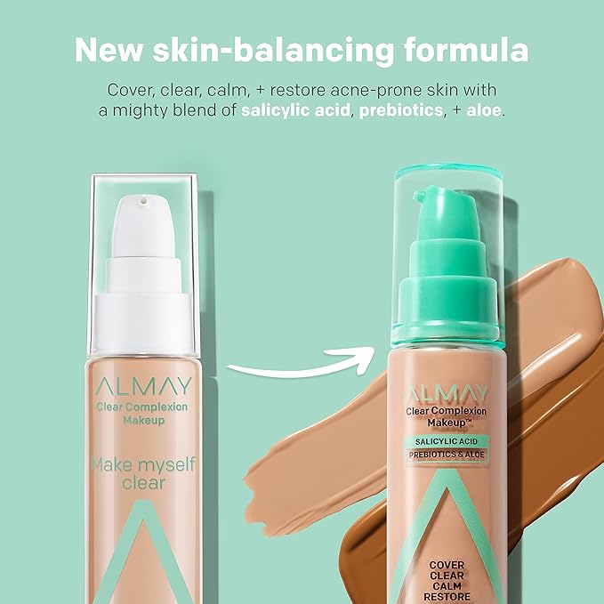 Almay Clear Complexion Acne Foundation Makeup with Salicylic Acid - Lightweight, Medium Coverage, Hypoallergenic, Fragrance-Free, for Sensitive Skin, 600 Sun Beige, 1 fl oz.-BrightBean Baby