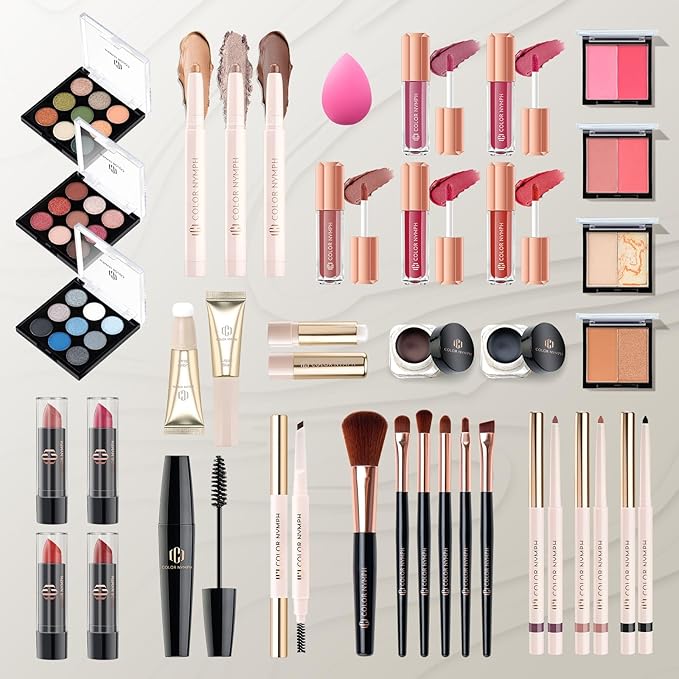 Color Nymph Makeup Sets for Teens Girls Women, Professional Makeup Kits All In One Makeup Set Storage Train Case, Beginner Full Cosmetics Kit with Eyeshadow Blush Lipstick Lipgloss Mascara etc Black-BrightBean Baby
