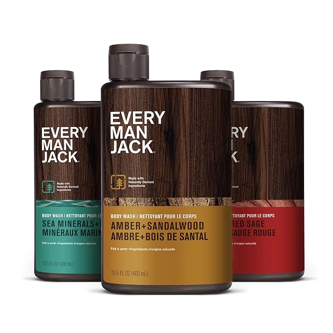 Every Man Jack Men's Body Wash Variety Pack - Includes 3 Body Washes with Natural Ingredients & Incredible Scents - Amber + Sandalwood, Cedar + Red Sage, Sea Minerals + Citron Fragrances-BrightBean Baby