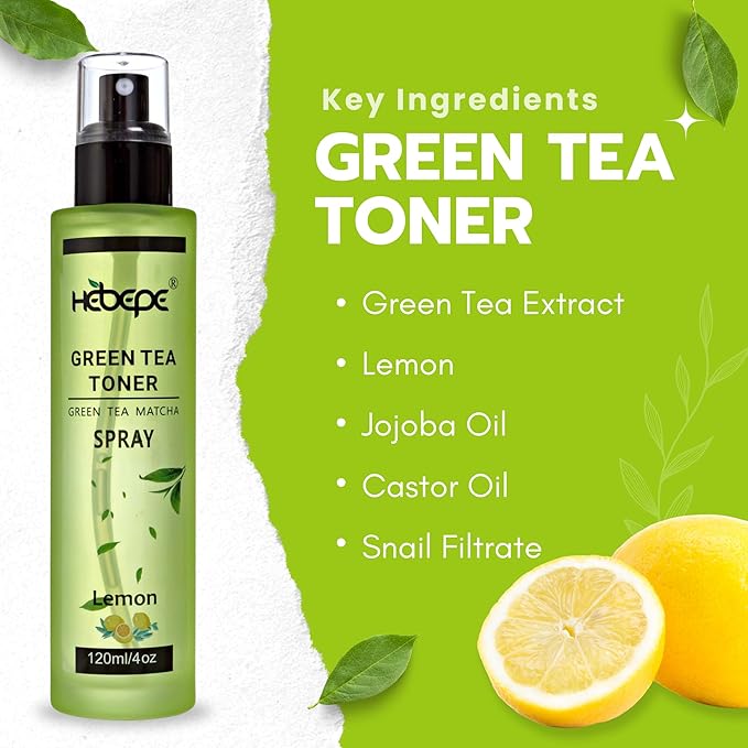 Green Tea Matcha Facial Toner Mist with Lemon, Refreshing, Moisturizing, and Soothing Face Toner, with Jojoba Oil, Castor Oil, Snail Filtrate,120ml-BrightBean Baby