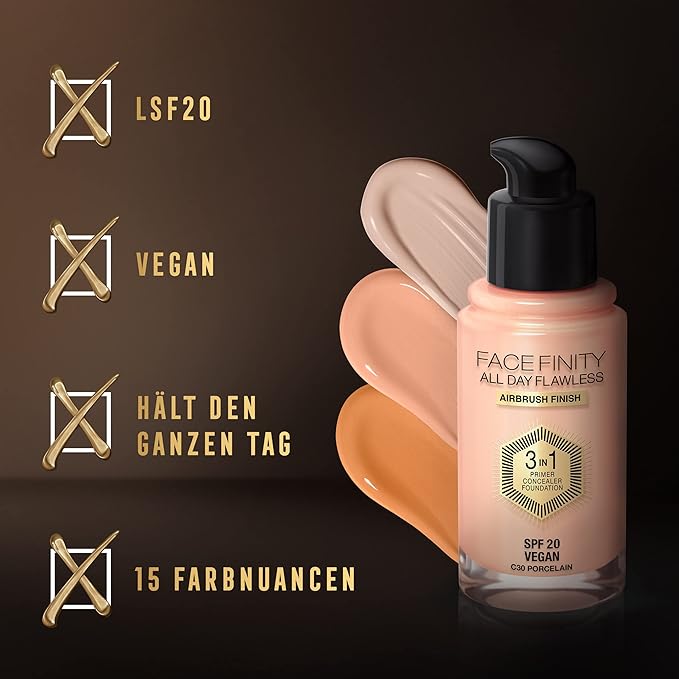Max Factor Facefinity All Day Flawless 3 In 1 Foundation SPF 20, No. 30 Porcelain-BrightBean Baby