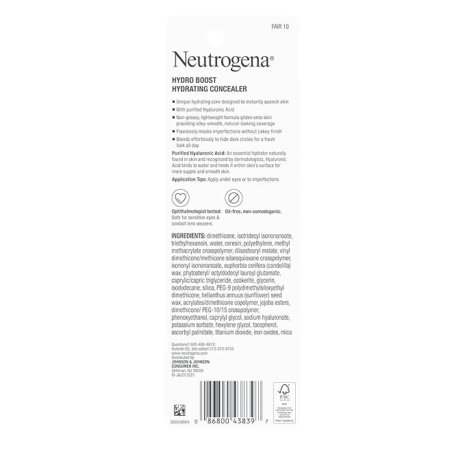 Neutrogena Hydro Boost Hydrating Concealer Stick for Dry Skin, Oil-Free, Lightweight, Non-Greasy and Non-Comedogenic Cover-Up Makeup with Hyaluronic Acid, 10/Fair, 0.12 Oz-BrightBean Baby