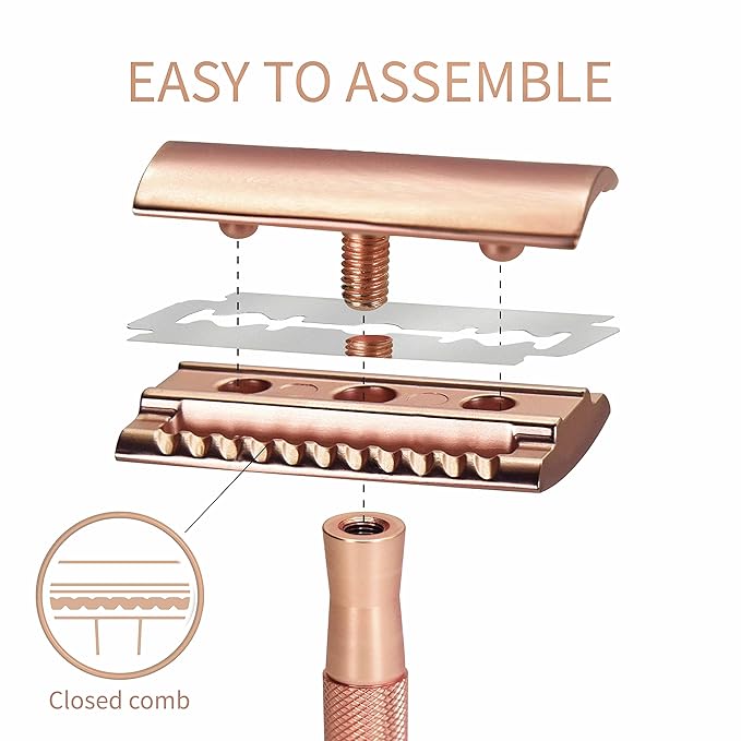 Bambaw Double Edge Safety Razor with Stand, Women Razor with 5 Double Edge Safety Razor Blades, Plastic Free Metal Razor – Rose Gold
