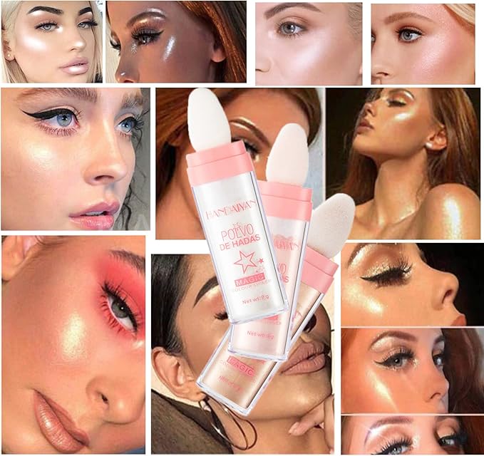 Polvo De Hadas - Body Glitter Highlighter Powder Fairy Stick for Makeup Shimmer and Shine High Gloss Blush Contour Powder Makeup - 3 Colors Sparkle Patting Powder For Hair Face Eyes Body-BrightBean Baby