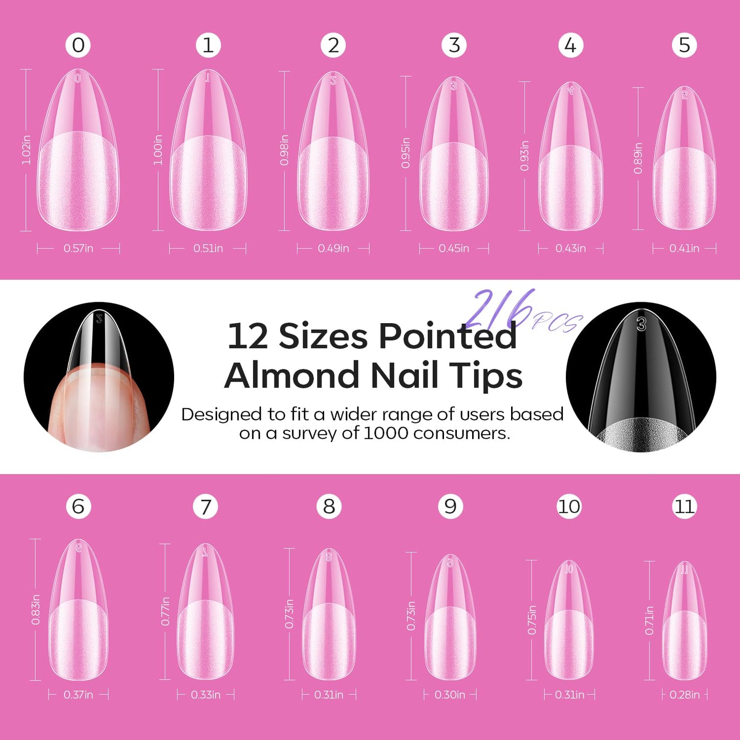 modelones Pointed Almond Nail Tips, Medium Pre-shaped Soft Gel Tips Fake Nails False Acrylic Clear Full Cover Press on Extension Gel Kit Manicure DIY at Home 216PCS 12Sizes-BrightBean Baby