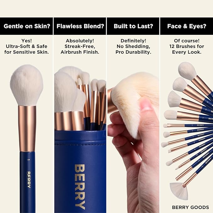 BERRY Blue Premium Makeup Brush Set – 12-Piece Professional Ultra-Soft Synthetic Brushes for Face & Eyes | Foundation, Powder, Blush, Concealer, Eyeshadow – Vegan, Cruelty-Free, Numbered, Travel Case-BrightBean Baby
