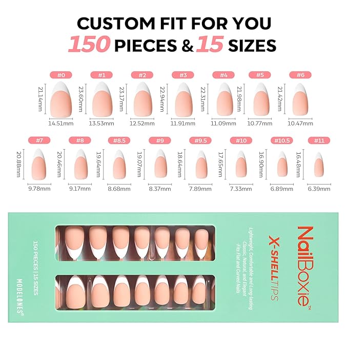 modelones French Tip Press on Nails, 150Pcs M-Almond Fake Nails with Nail Box, Deep Nude Gel Nail Tips for Women, Soft Glue-On Nails for Natural Salon Look, DIY Nail Art Kit (15 Sizes)-BrightBean Baby
