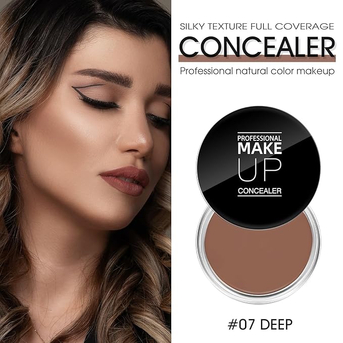 Cream Concealer Full Coverage Makeup, Matte Color Correcting Concealer with Brush, Waterproof, Conceals Blemish, Pores and Spots, Under Eye Makeup Concealer for Dark Circles (#07 DEEP)-BrightBean Baby