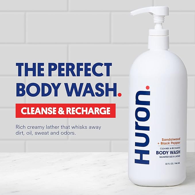 Huron Men’s Moisturizing Body Wash - Clean & Woody Scent of Sandalwood, Black Pepper, Cedarwood, & Amber - Made With Coconut Oil, Vitamin E & Witch Hazel - Vegan, Cruelty-Free - 32 fl oz-BrightBean Baby