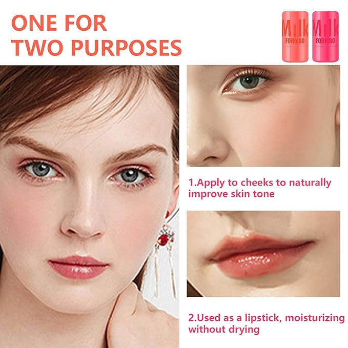 2 Pcs Milk Jelly Blush,Jelly Tint Blush Stick Sheer Lip & Cheek Stain Milk Cooling Water Jelly Tint Long Lasting Face Blushes, Lip Gloss Cheek Solid Moisturizer Stick (01#+02#)-BrightBean Baby