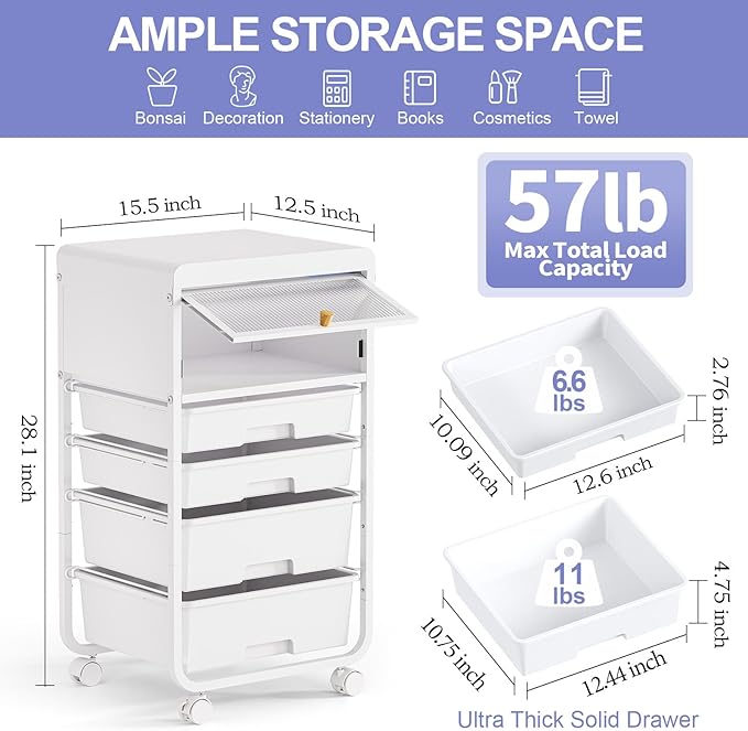Utility-Rolling-Storage-Drawer-Craft-Cart-Organizers with 4 Drawers & Dust-proof Door for Kid Craft Art Room,Bedroom,Home Office, Craft Drawer cart, Classic White-BrightBean Baby