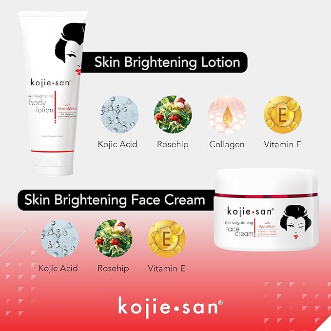 Kojie San Face & Body Shower Set - The Original Kojic Acid Soap that Reduces Visibility of Dark Spots, Hyperpigmentation, and Other types of Skin Damage – 135g x 2 Bars with Lotion, Cream and Toner-BrightBean Baby