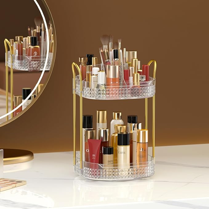 Awenia Rotating Makeup Organizer 360, Stackable Adjustable Large Capacity Cosmetic Storage Unit,Dresser Bathroom Kitchen Countertop Organizer with Metal Handle, Plus Size (Clear, 2 Tier)-BrightBean Baby