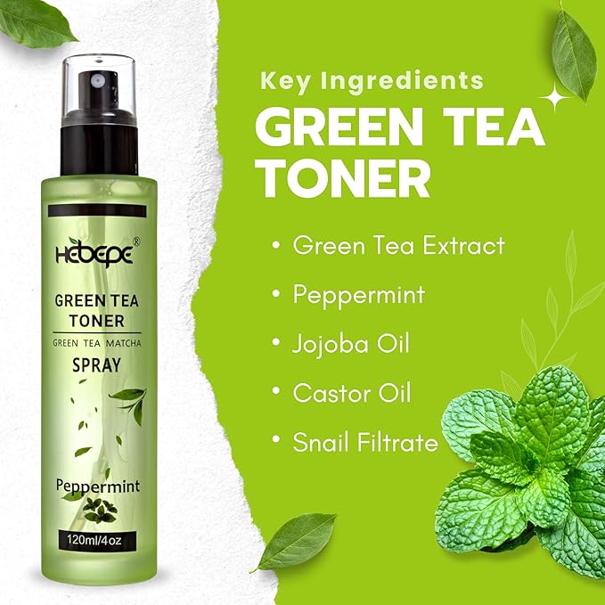Green Tea Matcha Facial Toner Mist with Peppermint, Refreshing, Moisturizing, and Soothing Face Toner, with Jojoba Oil, Castor Oil, Snail Filtrate,120ml-BrightBean Baby