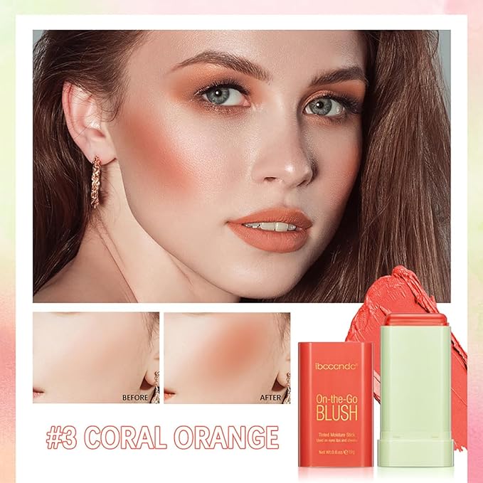 Multi-Use Makeup Blush Stick, Tinted Solid Moisturizer On-the-Go Blush, Multi-use Cream Blush Stick for Cheek & Eyes & Lips, Waterproof Natural Nude Makeup for All Skin (3# Coral Orange)-BrightBean Baby